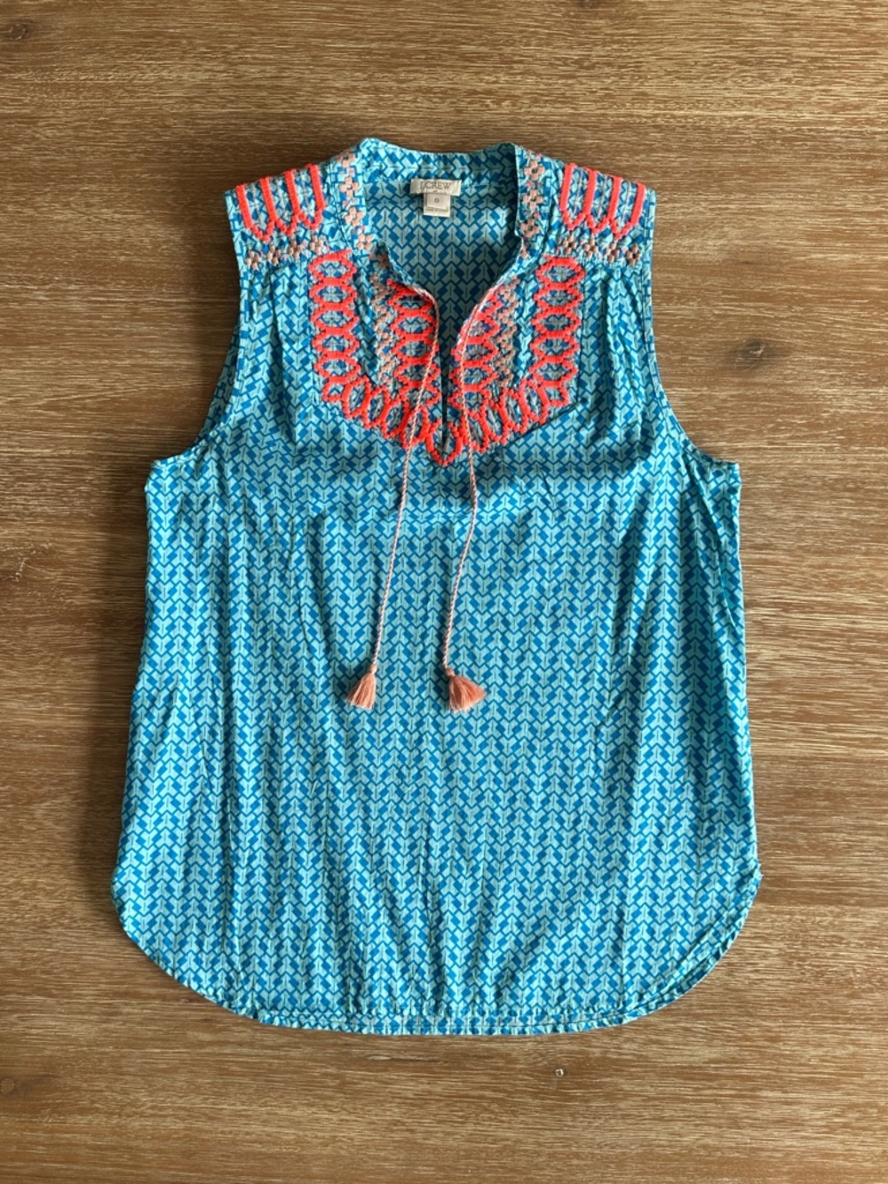 J.Crew Sleeveless Blue Patterned Top with Coral Embroidery